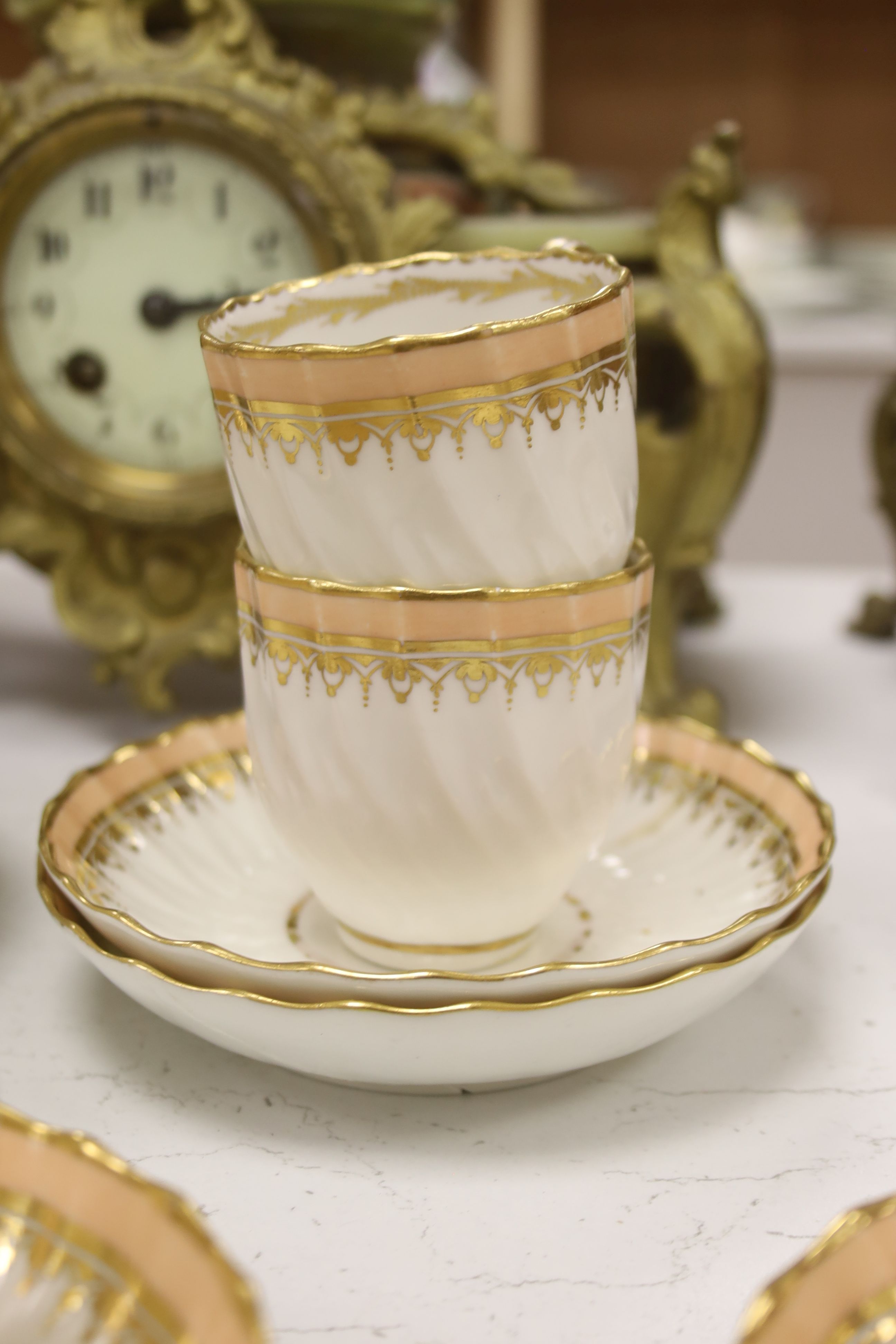 A Derby part tea and coffee set, c.1795, puce marks, pattern number 84